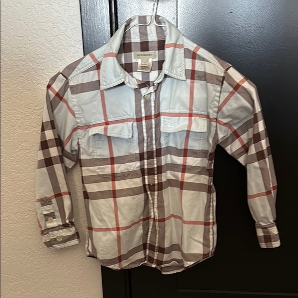 Burberry Kids Plaid Button Down Shirt Brown, Red, Blue boys size 6y